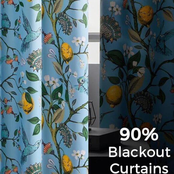Floral Lemon Hummingbird Curtains Patterned Waverly Mid-Century Style - Picture 4 of 10